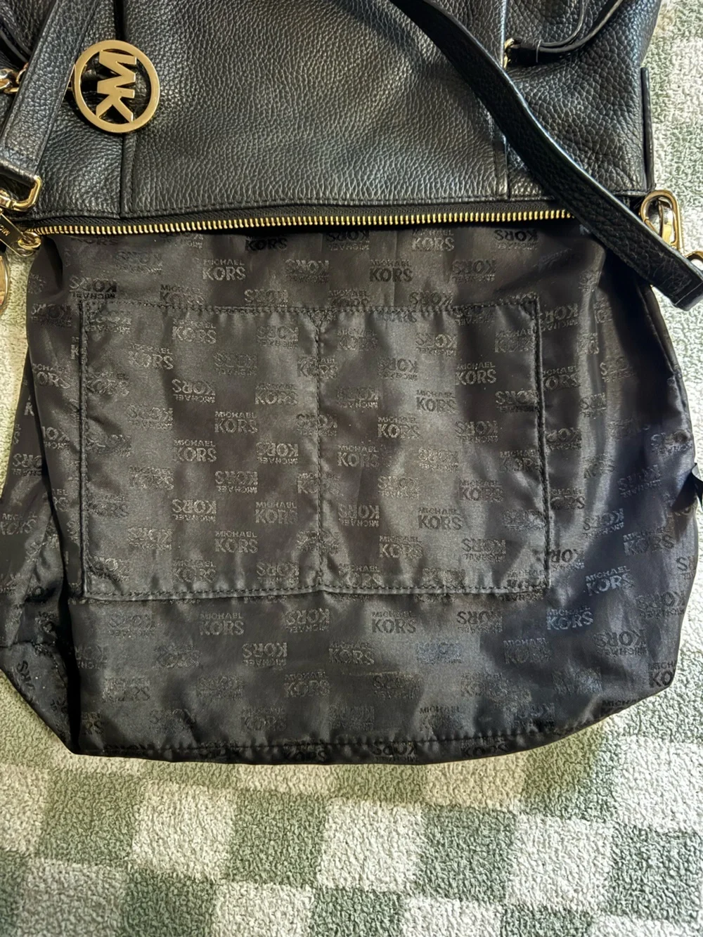Michael Kors Black Pebbled Leather Shoulder Bag with Gold-Tone MK Charm